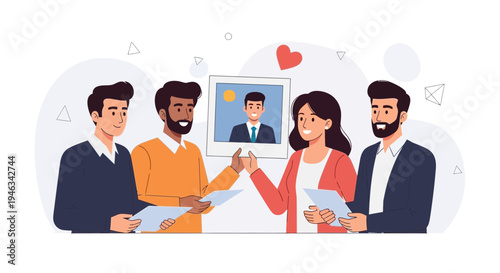 Diverse team celebrating success, holding a photo of a smiling businessman