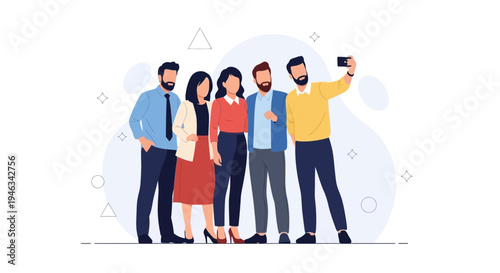Diverse group of five friends taking a selfie together, smiling, happy, modern illustration