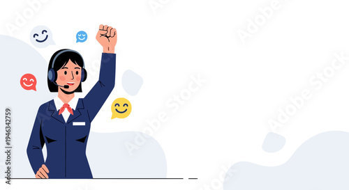 Customer service representative with raised fist and happy emojis, celebrating success
