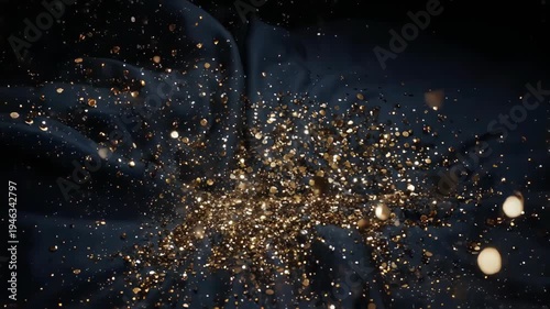 Sparkling golden glitter particles floating in the dark background, festive abstract.