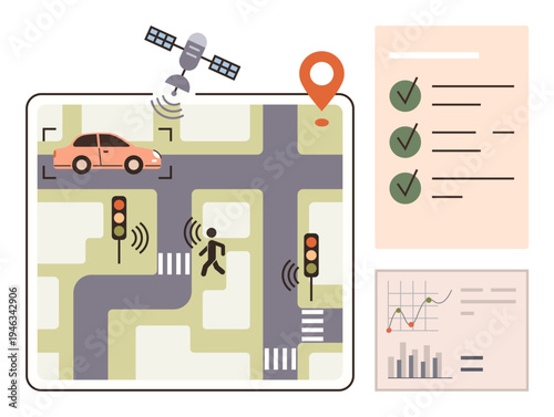 Smart cities, transportation safety, GPS tracking, data management, urban planning, automation. Diagram with a satellite, GPS locator connected car pedestrian crossing charts. Smart cities