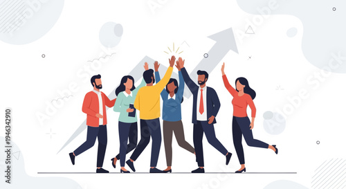 Teamwork success, business people celebrating achieving goals with high fives and upward arrow