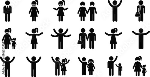 Diverse collection of black family silhouettes and people icons featuring happy parents, children, and individuals in various poses isolated on white background for social community design.