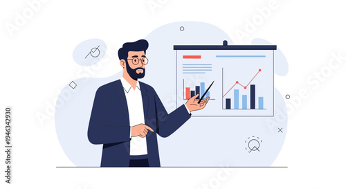 Man presenting financial data on a whiteboard, business growth concept