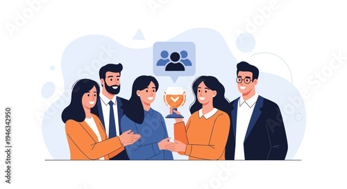 Team celebrating success, receiving trophy, business achievement, teamwork, recognition