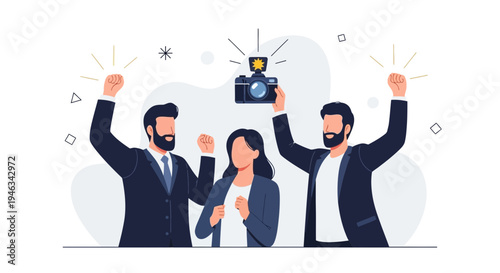 Business Team Celebrating Success with Camera Flash Photo