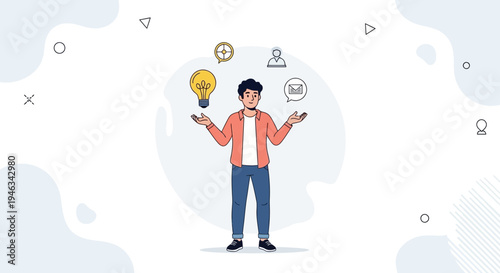 Man Juggling Business Ideas, Lightbulb, Strategy, and People Icons
