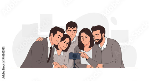 Diverse group of colleagues taking a selfie with a camera on a tripod, office teamwork