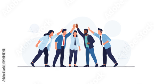 Diverse team celebrating success with high fives, teamwork, unity, achievement