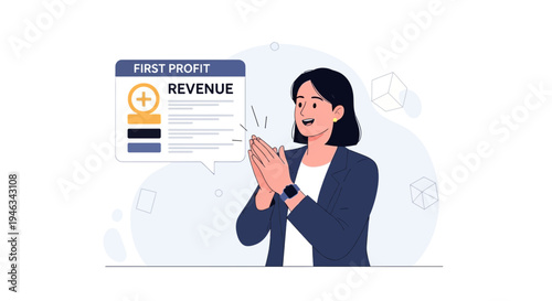 Woman celebrating first profit revenue with positive financial growth concept