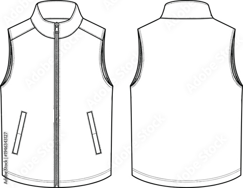Technical fashion flat sketch of a women’s quilted puffer vest featuring a high collar zip front and side pockets in front and back view.