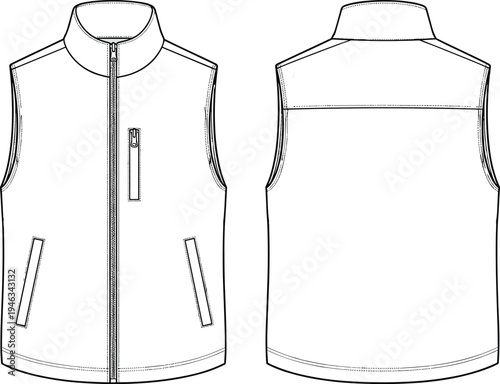 Technical fashion flat sketch of a women’s quilted puffer vest featuring a high collar zip front and side pockets in front and back