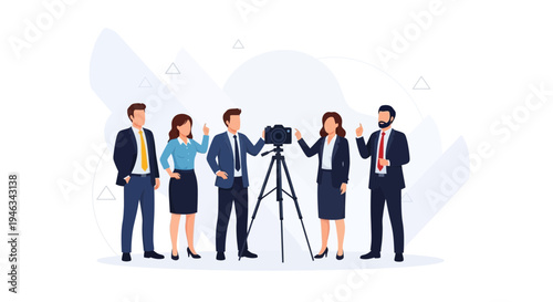 Business team with camera on tripod, professional photography concept