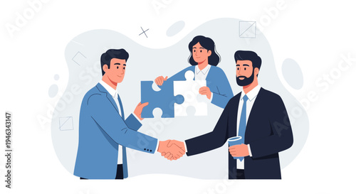 Business partners shaking hands, completing a deal with puzzle pieces symbolizing teamwork.