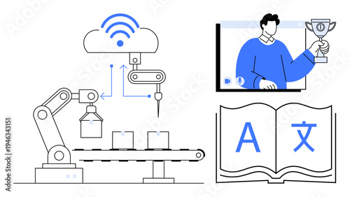 Robotics arm linked to cloud computing, digital language learning book, and person holding a trophy on video call. Ideal for innovation, technology, education, artificial intelligence, language
