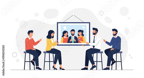 Diverse team discusses project success, analyzing a framed photo of colleagues.