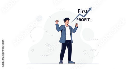 Man celebrating first profit with upward graph, business success concept
