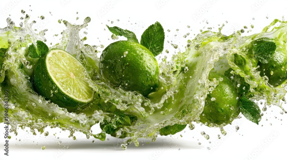 Obraz premium Fresh Limes and Mint Leaves Splashing in Clear Water