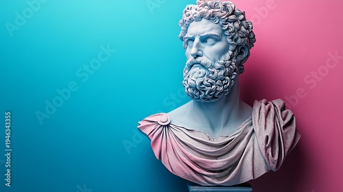A classical marble bust of a bearded man with a toga, illuminated by teal and pink light. A split-tone artistic portrait against a dual-color background with left-side copy space.