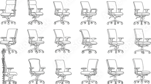 Large Collection of Twenty One Minimalist Office Chair Vector Illustrations Featuring Different Ergonomic Designs for Workplace Furniture Catalog Corporate Interior Planning and Workspace Design