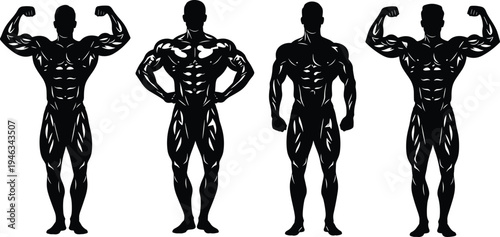 Set of Four Professional Male Bodybuilder Silhouettes with Muscle Highlights Posing in Competition Stances Isolated on White Background for Fitness and Athletic Gym Training