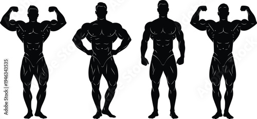 Set of Four Male Bodybuilder Silhouettes Posing in Professional Competition Stances Isolated on White Background for Fitness Gym Bodybuilding and Athletic Training Concept