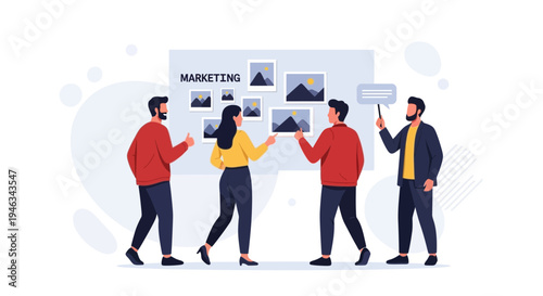 Marketing team planning strategy with mood board and presentation