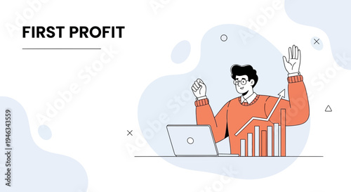 Man celebrating first profit with laptop and rising stock chart