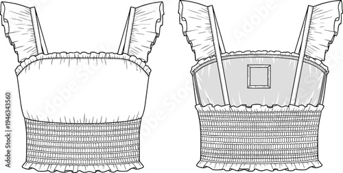 Fashion Technical Sketch of a Women's Ruffle Strap Crop Top Featuring a Smocked Waistband and Ruched Bodice Detail for Apparel Design and Garment Manufacturing