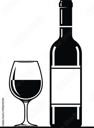 Minimalist Black and White Wine Bottle and Glass Silhouette Illustration for Vineyard Branding Restaurant Drink Menu Design Alcoholic Beverage Promotion and Wine Tasting