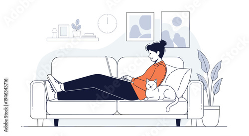 Young woman relaxing on a sofa while working on her laptop with a white cat resting beside her.