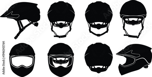Motorcycle helmet protective gear front side and top views safety equipment motorbike rider protection vector illustration set isolated