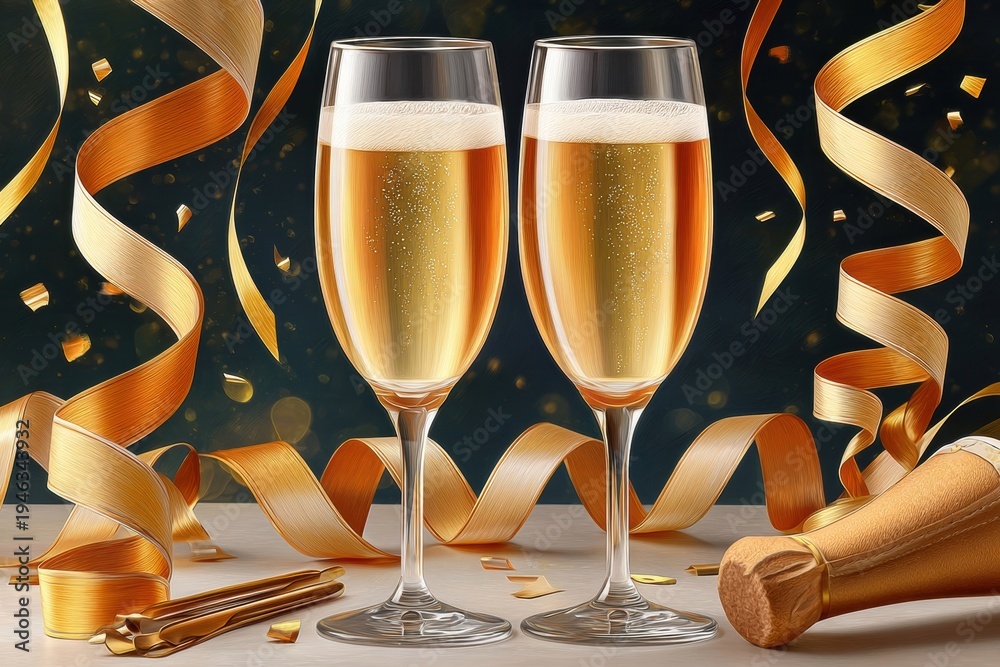 Obraz premium Two champagne glasses toast with golden ribbons and confetti for a festive New Year celebration