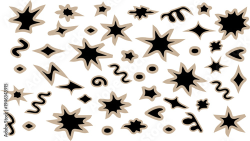 Cut out crayon elements. Playful scrapbook doodle stars, arrows, crown, lightnings for collage and zine design. Vector torn craft paper shapes with funky scribbles with chalk strokes texture.