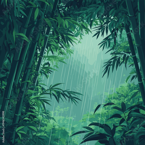 Rain falling on bamboo stalks and leaves in a dense green forest during a rainy day scene , vector style simple color