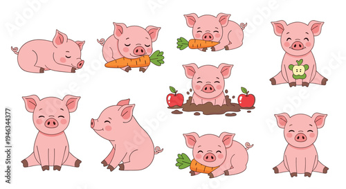 Collection of cute little pigs in different poses including sleeping, eating carrots, and sitting.