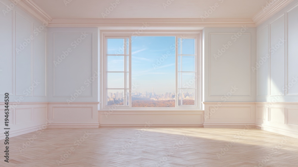 Fototapeta premium Spacious empty room with large window overlooking city skyline and natural light illuminating wooden floor