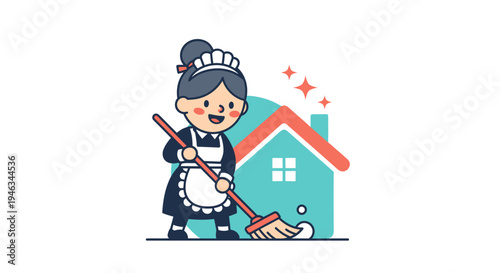 Smiling Maid Cleaning House with Mop.
