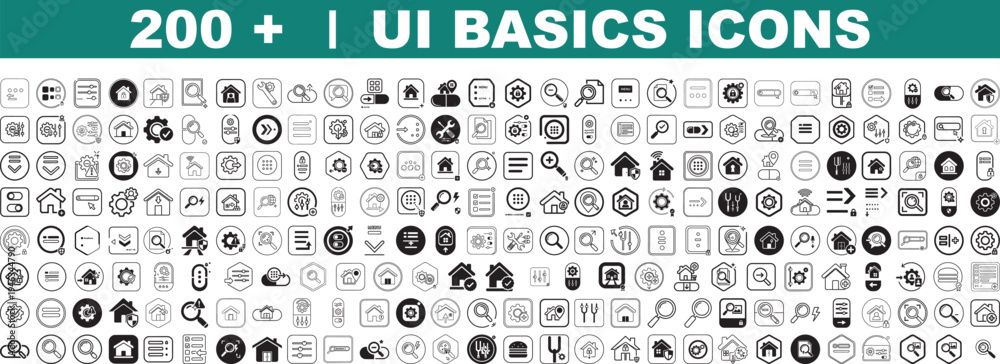 Fototapeta premium Set of 200+ UI Basics Icons Vector Collection for Web Design, Mobile Apps, and User Interface Elements in Black and White Outline Style