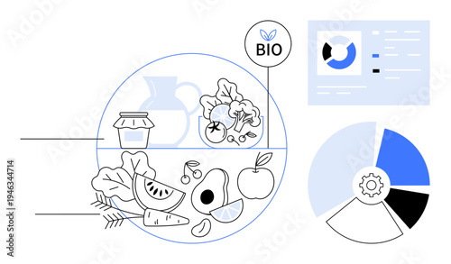 Organic food concept. Organic produce, including fruits and vegetables, in eco-friendly graphics. Organic farming and health using design elements thumbs up charts and gear icons. Topics health