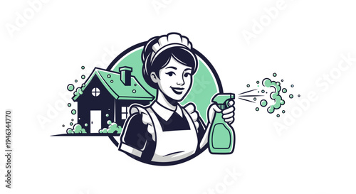Smiling Maid Holding Spray Bottle, Ready for House Cleaning.