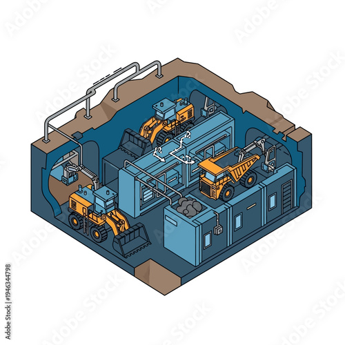 Isometric view of an underground mining operation with heavy machinery, including loaders and a dump truck, processing extracted ore.