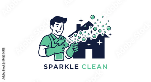 Sparkle Clean logo featuring a man cleaning a house.