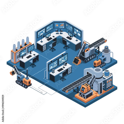 Isometric illustration of a modern automated industrial complex with control rooms and robotic machinery, showcasing advanced manufacturing and logistics.