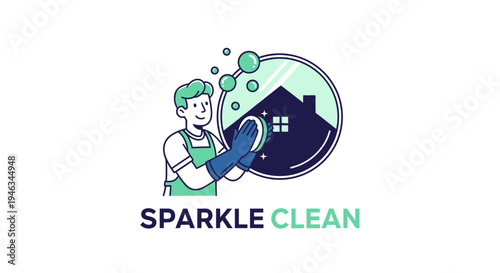 Sparkle Clean logo featuring a person cleaning a house with bubbles.