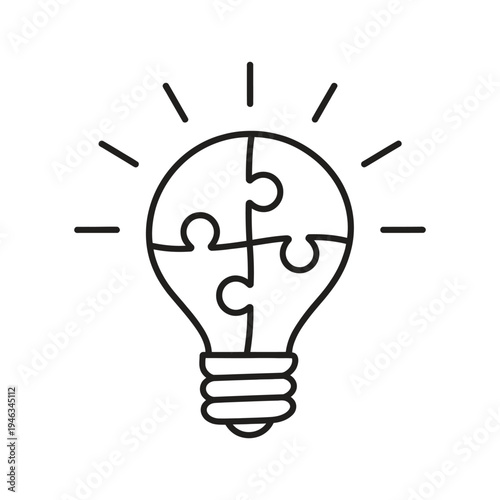 Minimal line icons, light bulb split into puzzle pieces, representing innovation, problem solving, solutions, critical thinking, creative ideas concept.