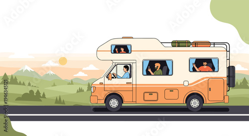 Motorhome traveling on a scenic highway through a green mountain landscape during a beautiful sunset.