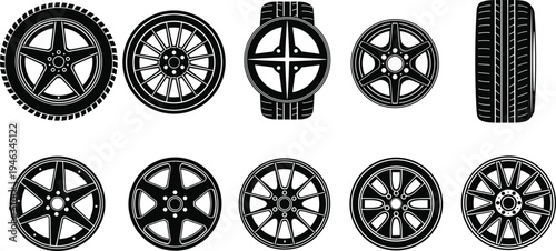 Car wheel and tire rim silhouette collection featuring different alloy wheel designs, automotive tire icons set, vehicle wheel vector illustration isolated on background
