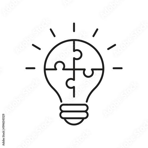 Minimal line icons, light bulb split into puzzle pieces, representing innovation, problem solving, solutions, critical thinking, creative ideas concept.