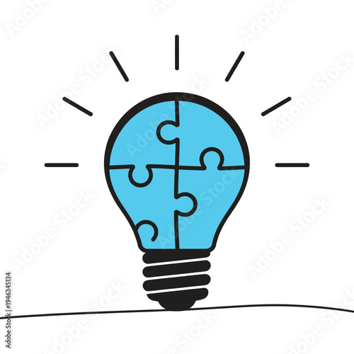Minimal line icons, light bulb split into puzzle pieces, representing innovation, problem solving, solutions, critical thinking, creative ideas concept.